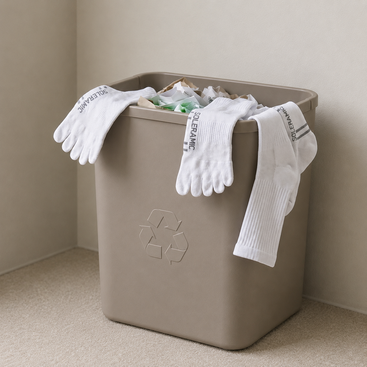 White Soleramic toe socks hanging from recycled bin.