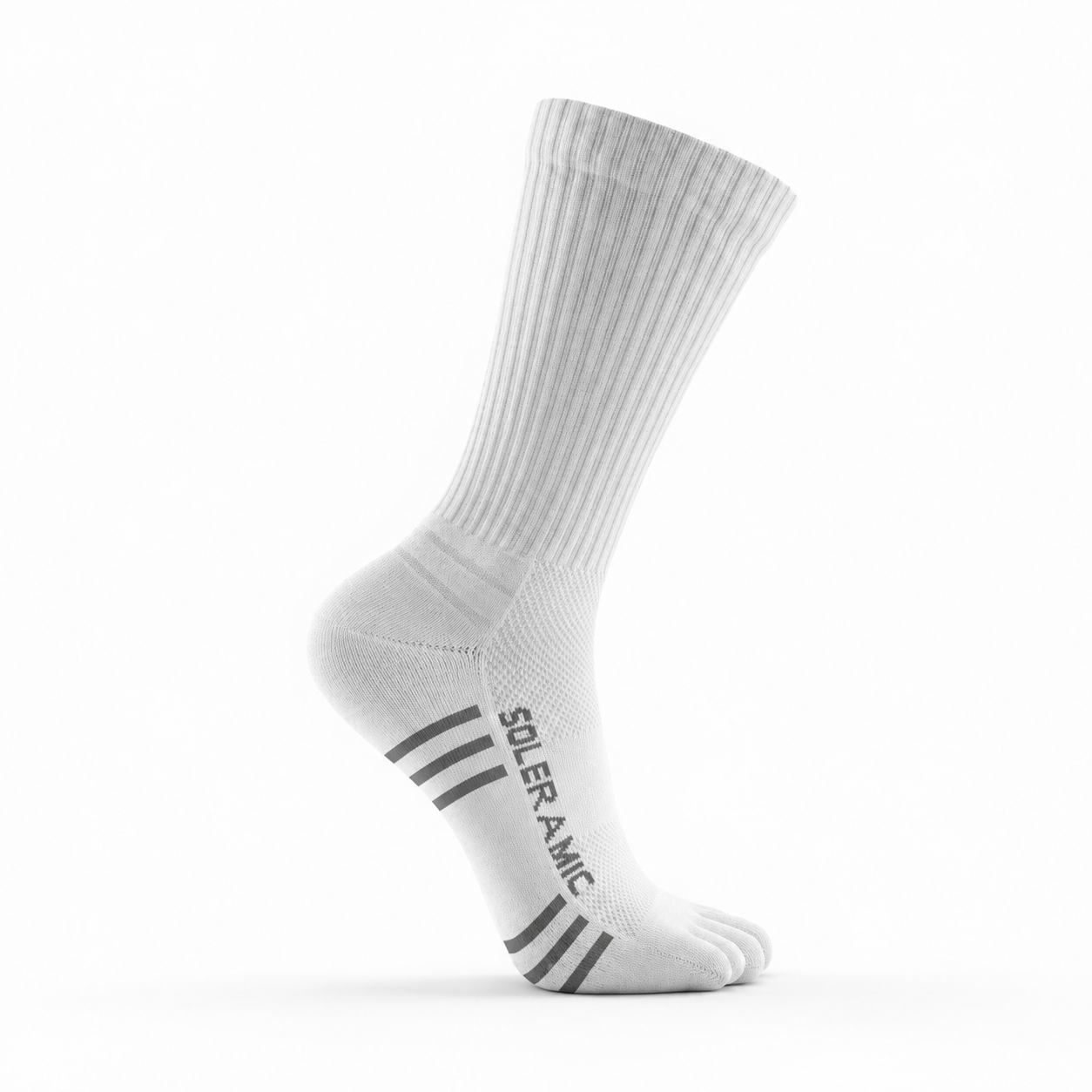 Close-up of white Performance Crew Toe Sock by My Store, showing its breathable fabric and reinforced toe design.