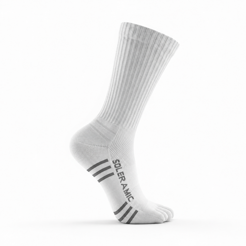 Close-up of white Performance Crew Toe Sock by My Store, showing its breathable fabric and reinforced toe design.