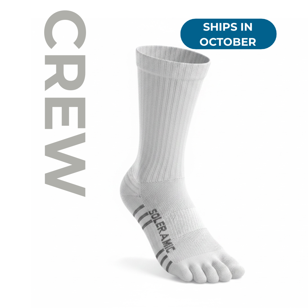 Soleramic Performance Crew Toe Sock displayed on a white background, showing its design and crew length for athletic comfort.