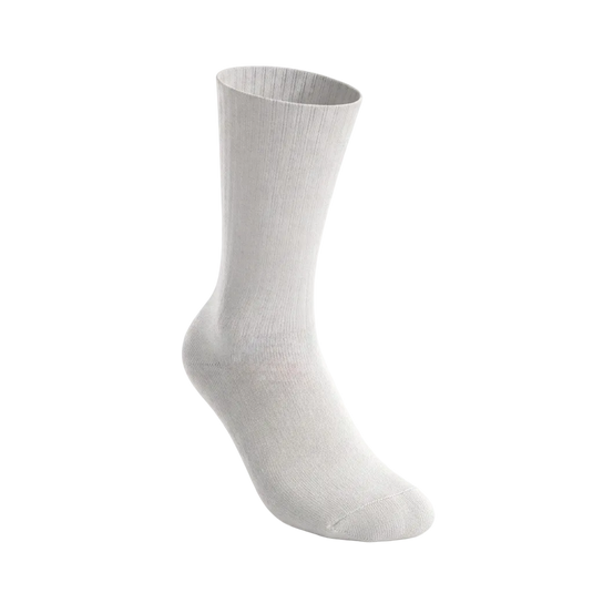 A single light gray ribbed crew sock displayed on a white background in a floating, three-quarter pose.