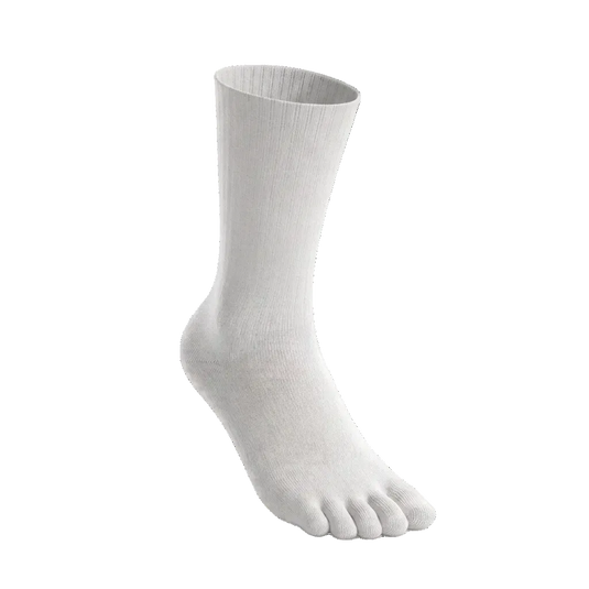 A single light gray  five-toe sock shown on a foot form against a plain white background.