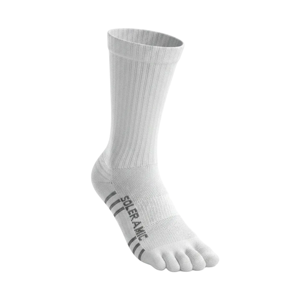 A single white ribbed crew sock with a five-toe design, featuring the text 'SOLER AMIC' and three grey stripes on the sole, shown against a plain white background.