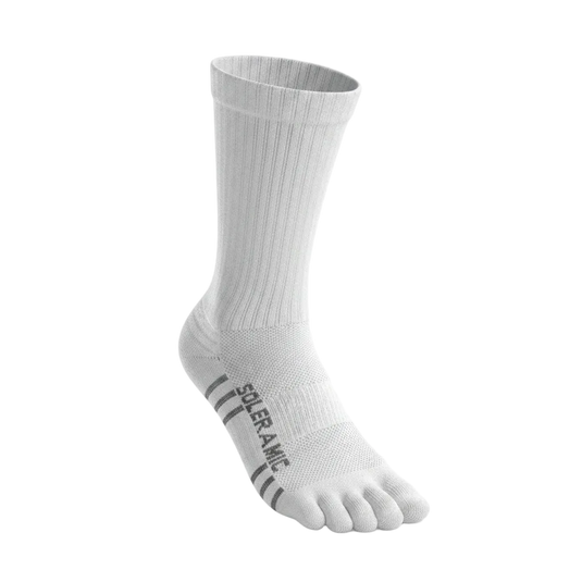 A single white ribbed crew sock with a five-toe design, featuring the text 'SOLER AMIC' and three grey stripes on the sole, shown against a plain white background.